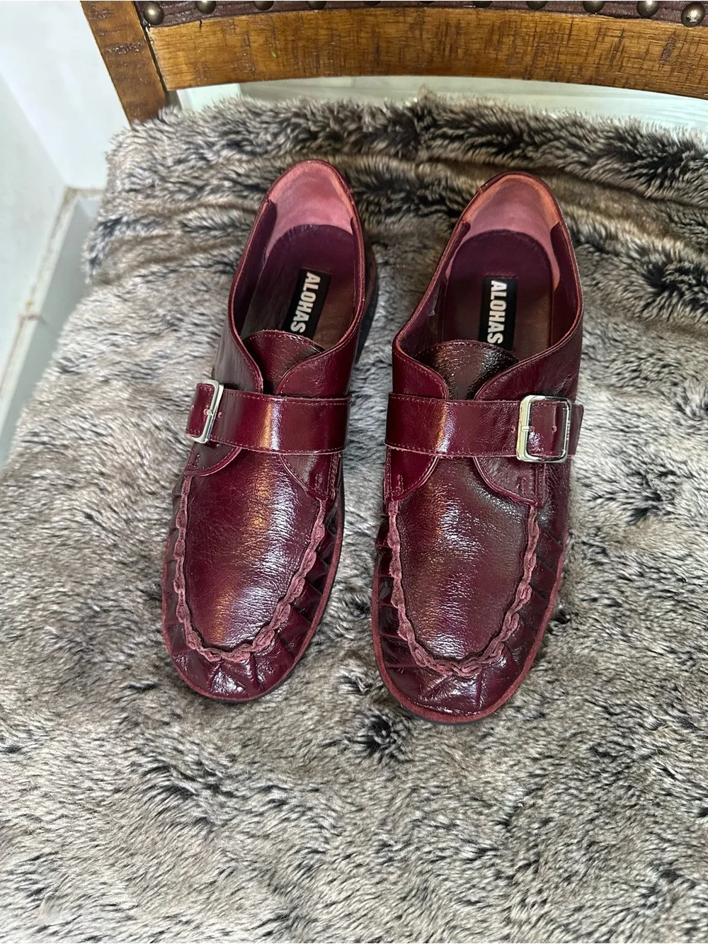 ALOHAS Burgundy Leather Monk-Strap Quiet Luxury Loafers, Size 40